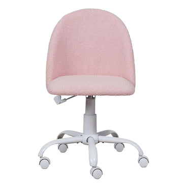 A modern office chair with a textured light pink boucle fabric seat and backrest, supported by a white five-star wheeled base.