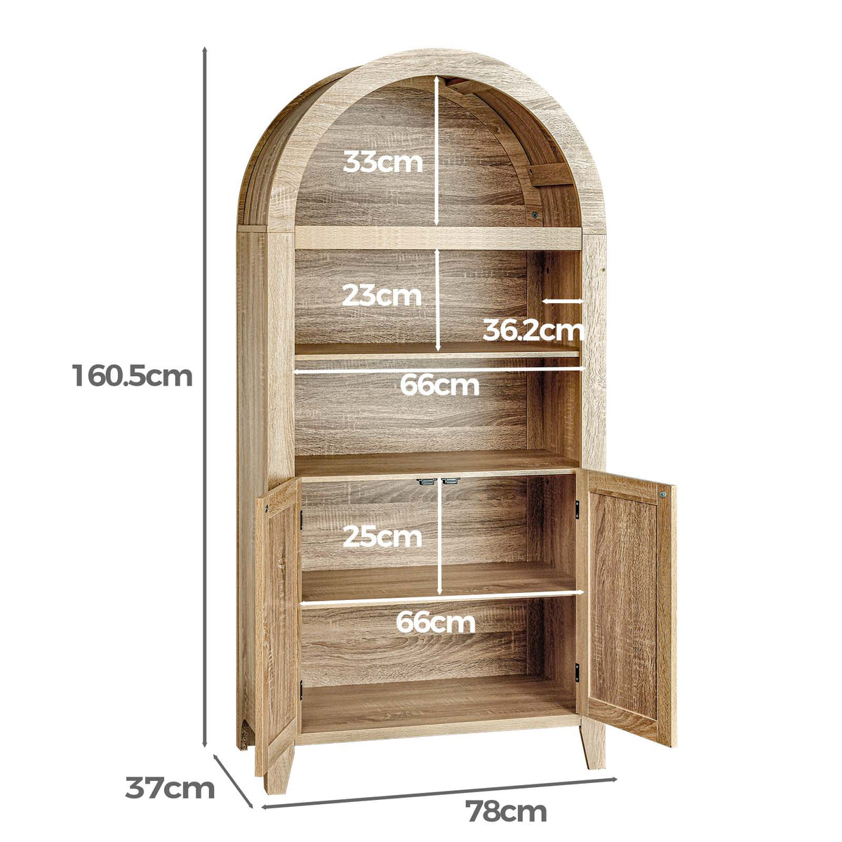 Wooden arched bookcase cabinet with dimensions labeled, including a total height of 160.5cm, shelf heights, width of 78cm, and depth of 37cm, shown on a white background.