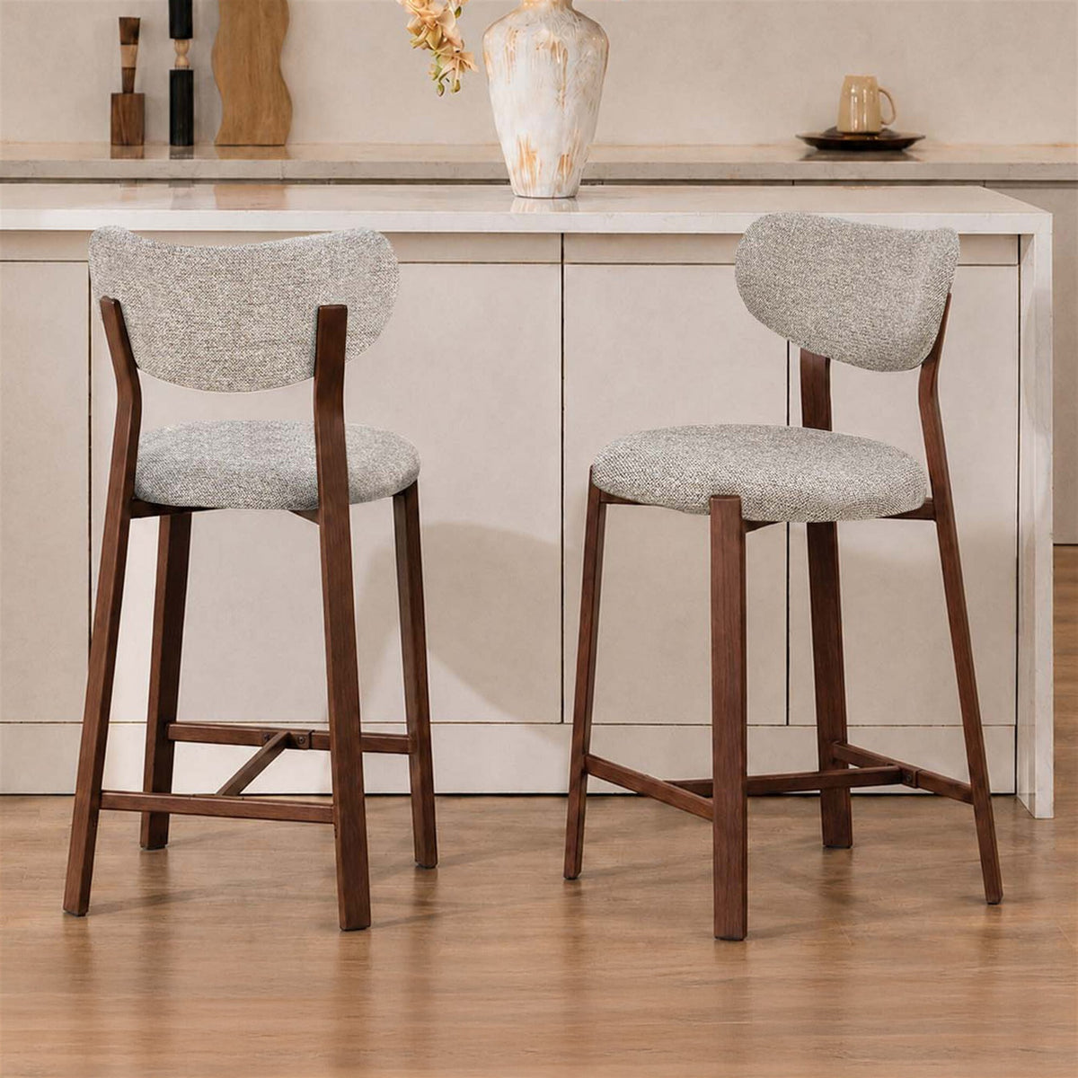 LivaraHome Luna 65cm Chenille Upholstered Bar Stools (Set of 2) - Walnut