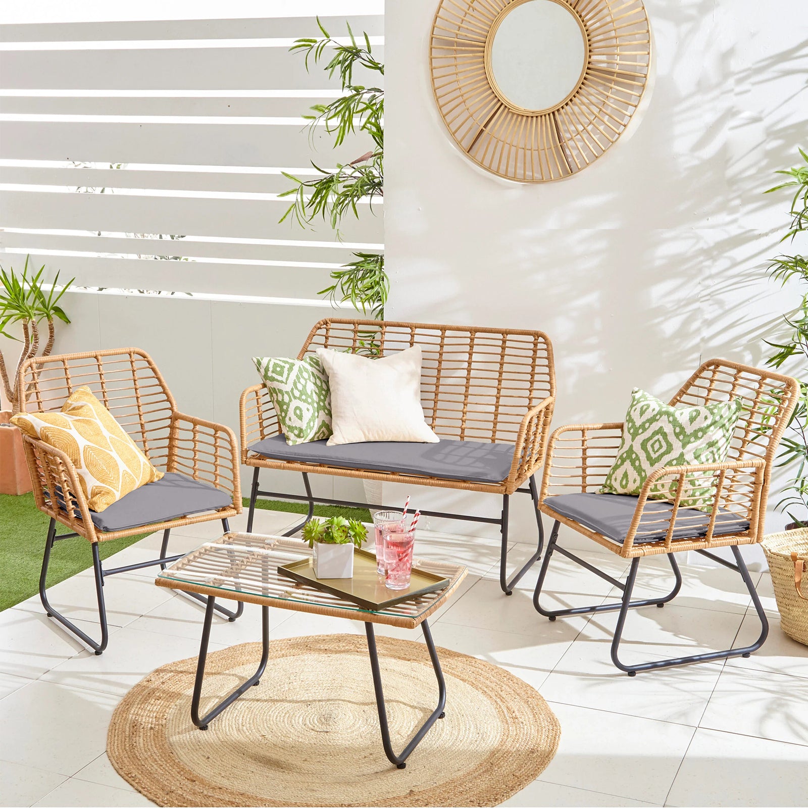 LivaraHome Neo 4 Seater Outdoor Lounge Set Wicker Patio Furniture
