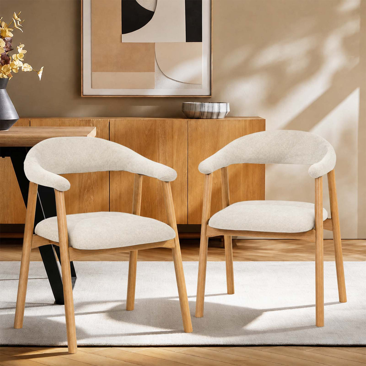 LIVARA Palmera Rubberwood Upholstered Dining Chairs Modern Kitchen (Set of 2)