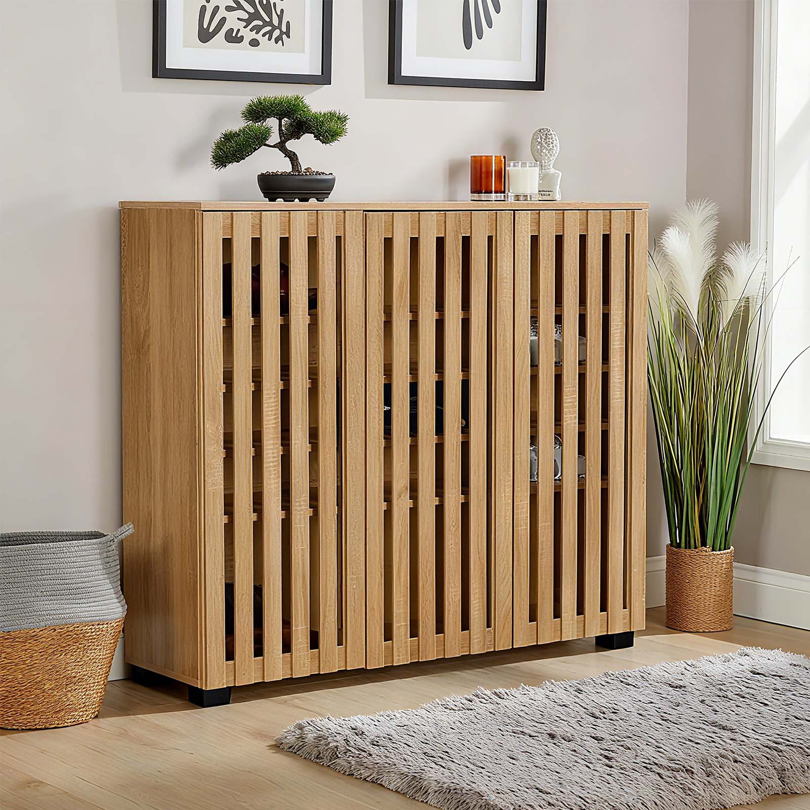 LIVARA Samia 3 Slatted Door Shoe Storage Cabinet Wooden Hidden Shoe Rack