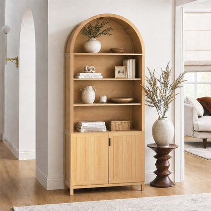LivaraHome Arlo 2 Door Arched Bookcase Display Storage Cabinet - Natural