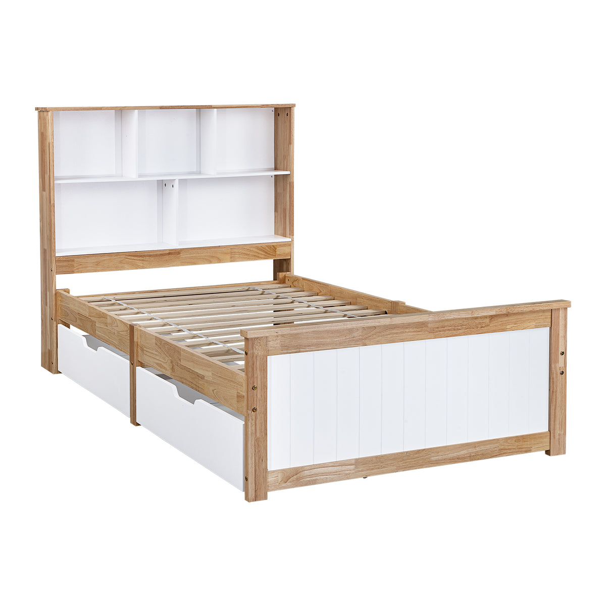 LivaraHome Myer 2 Drawer Storage Bed Frame with Bookshelf - Natural Oak