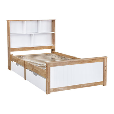 LivaraHome Myer 2 Drawer Storage Bed Frame with Bookshelf - Natural Oak