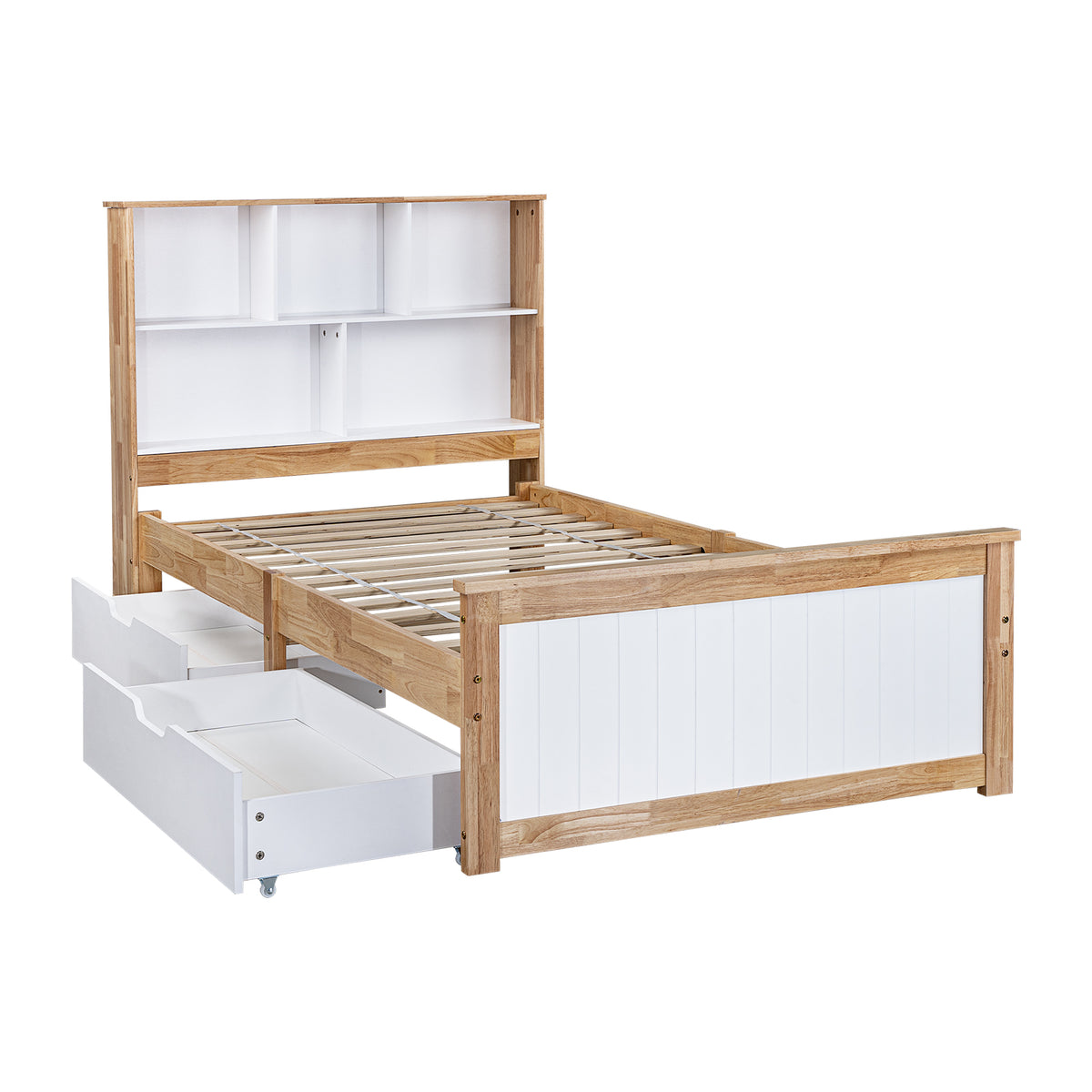 LivaraHome Myer 2 Drawer Storage Bed Frame with Bookshelf - Natural Oak
