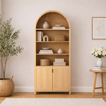 LivaraHome Arlo 2 Door Arched Bookcase Display Storage Cabinet - Natural