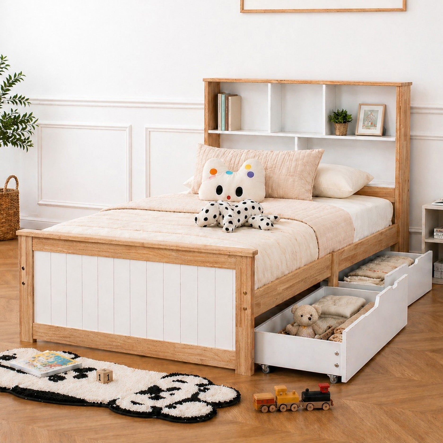 LivaraHome Myer 2 Drawer Storage Bed Frame with Bookshelf - Natural Oak