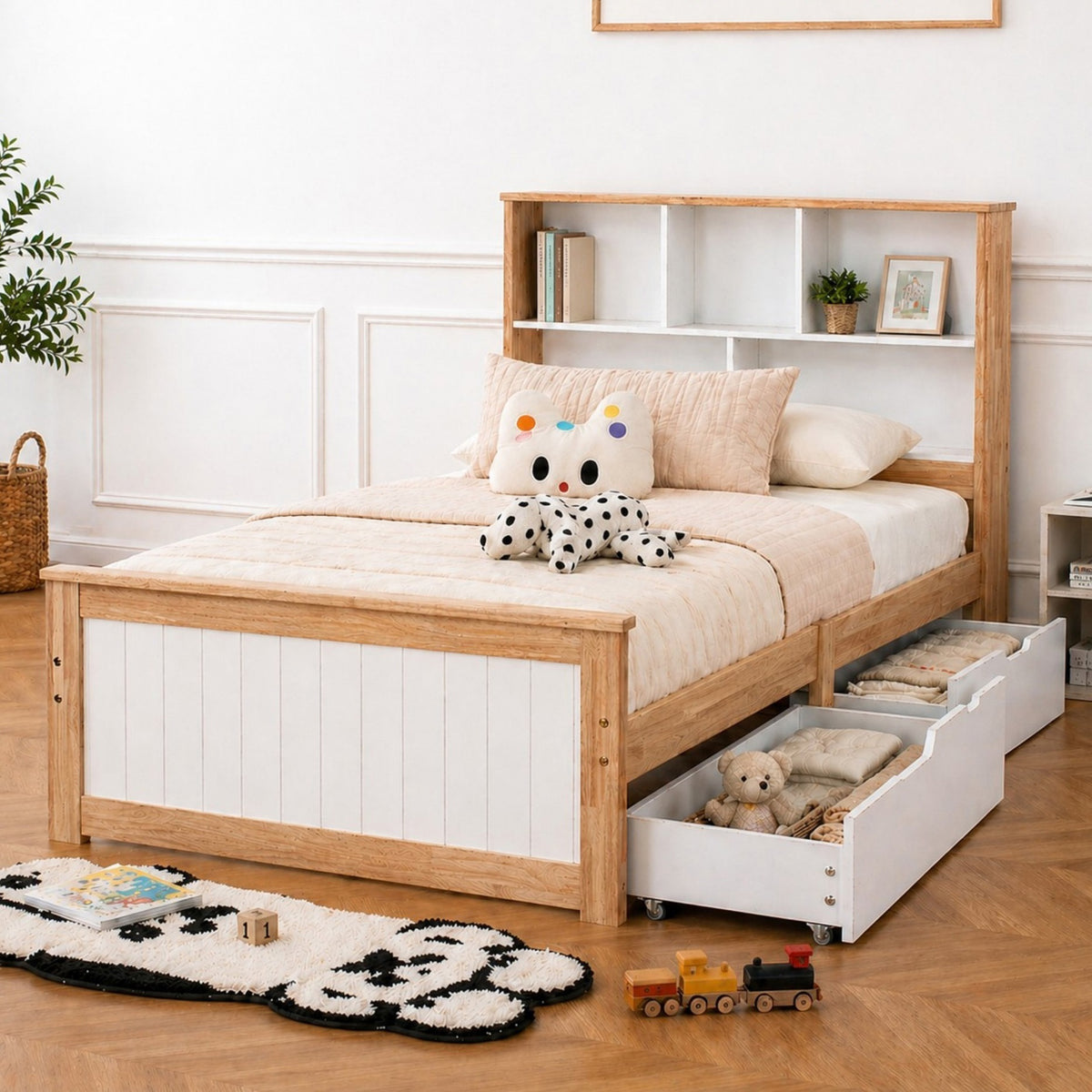 LivaraHome Myer 2 Drawer Storage Bed Frame with Bookshelf - Natural Oak