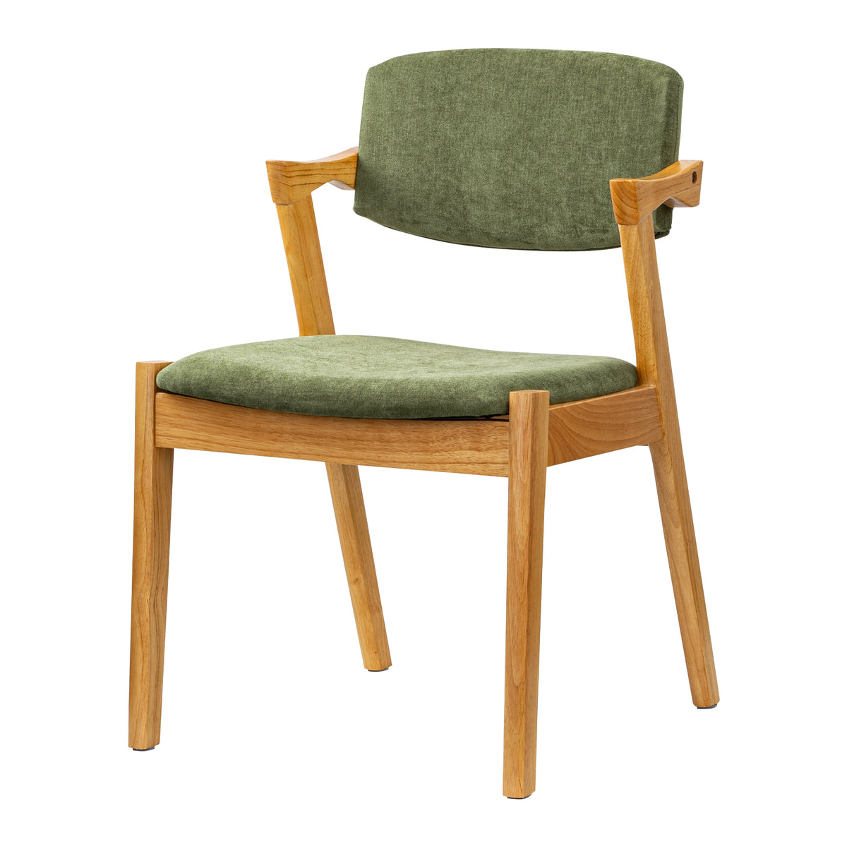 A mid-century modern style dining chair with a light natural wood frame and olive green textured fabric upholstery on the seat and backrest, shown against a plain white background.