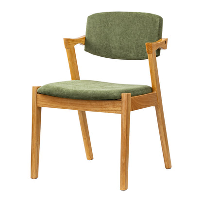 A mid-century modern style dining chair with a light natural wood frame and olive green textured fabric upholstery on the seat and backrest, shown against a plain white background.