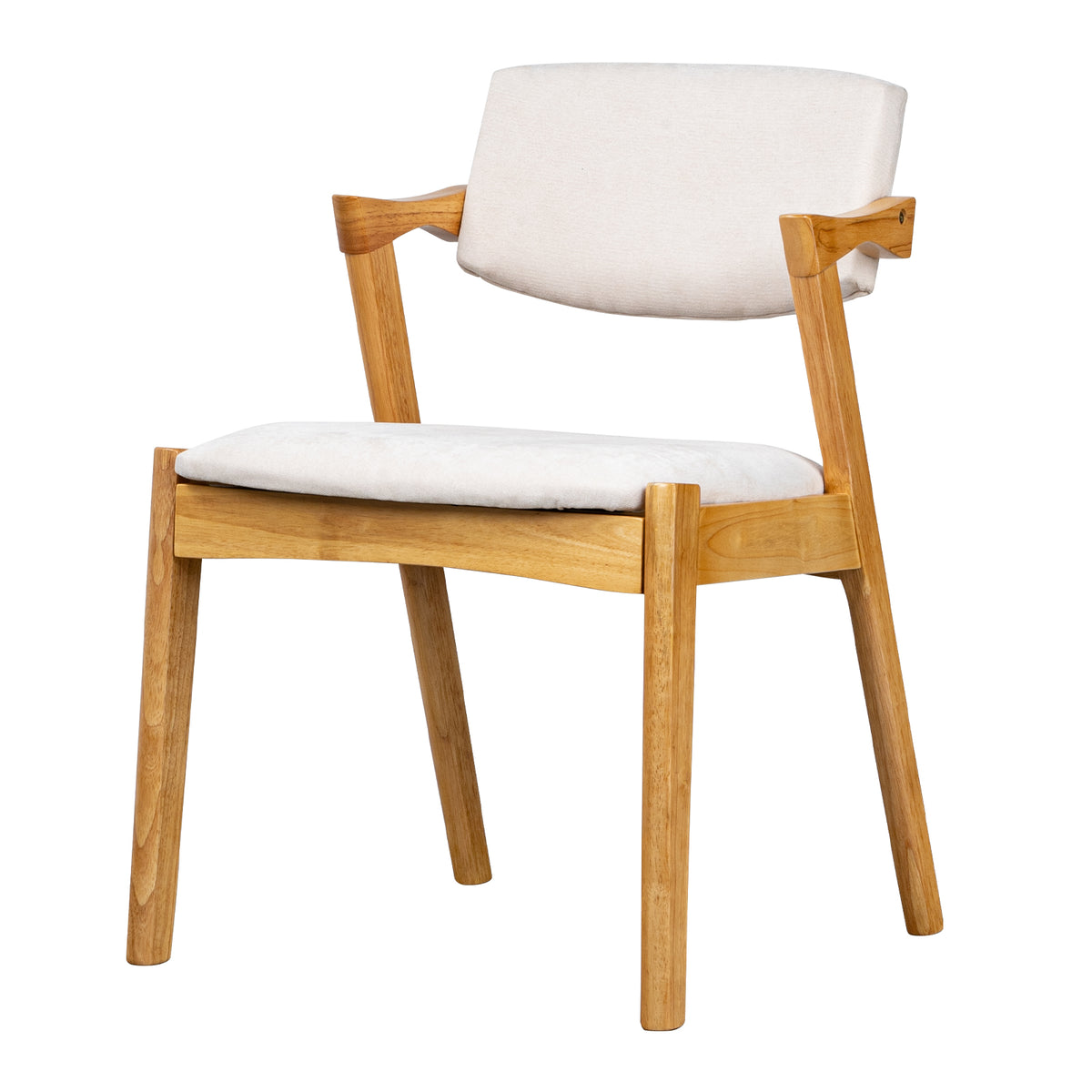 A modern wooden dining chair with a light natural wood frame and off-white upholstered seat and back cushions, shown on a plain white background.