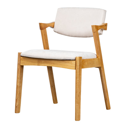A modern wooden dining chair with a light natural wood frame and off-white upholstered seat and back cushions, shown on a plain white background.