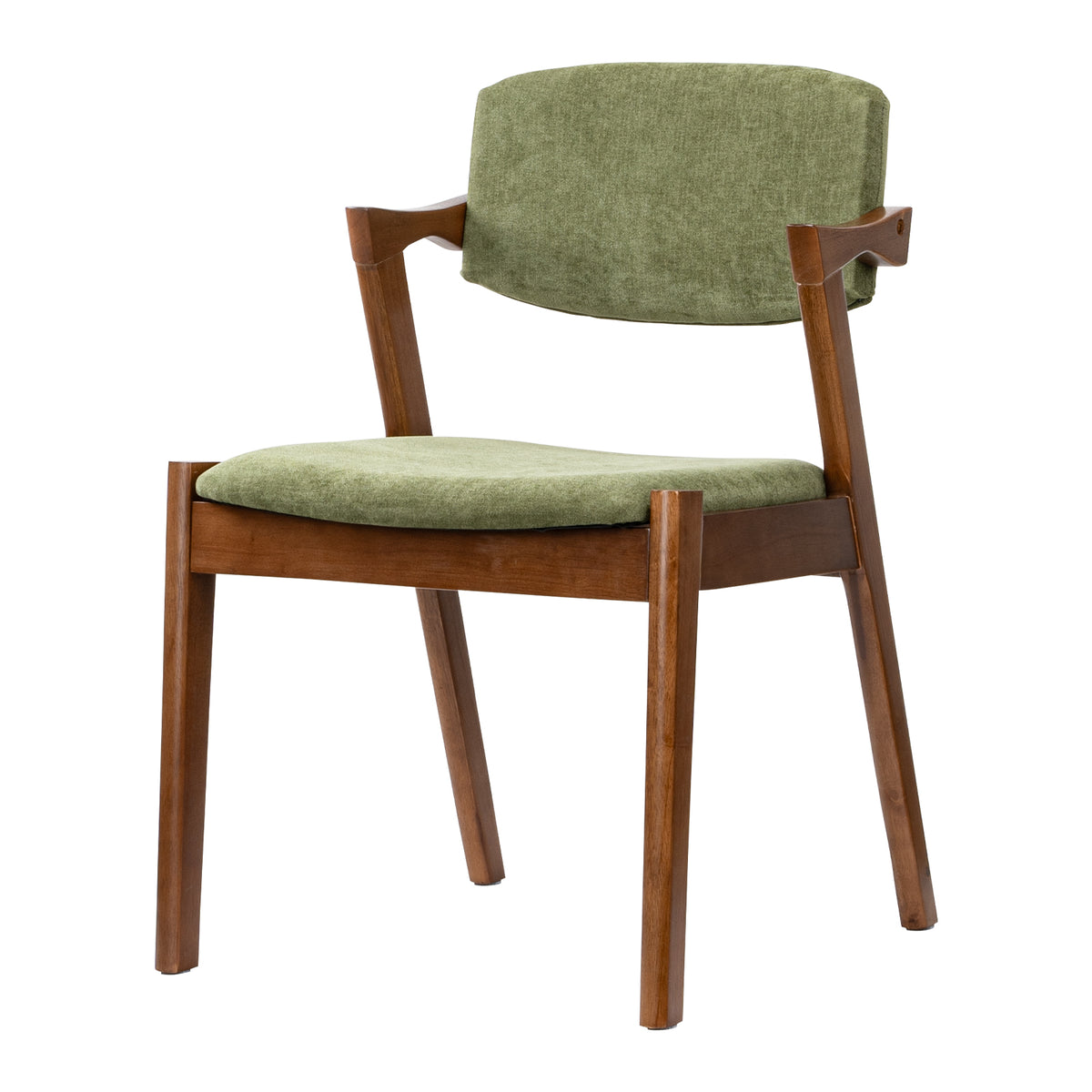 A mid-century modern style dining chair with a warm brown wooden frame and textured sage green fabric upholstery on the seat and curved backrest, shown against a solid white background.