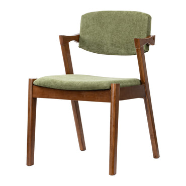 A mid-century modern style dining chair with a warm brown wooden frame and textured sage green fabric upholstery on the seat and curved backrest, shown against a solid white background.