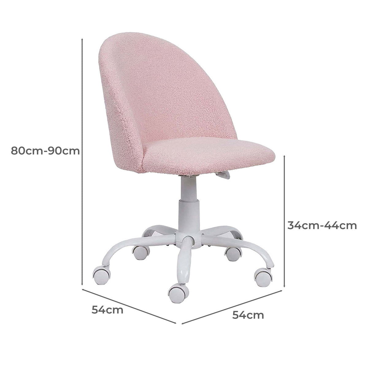 A pink upholstered office chair with a white wheeled base, shown with dimension lines and labels indicating height, width, and depth measurements.