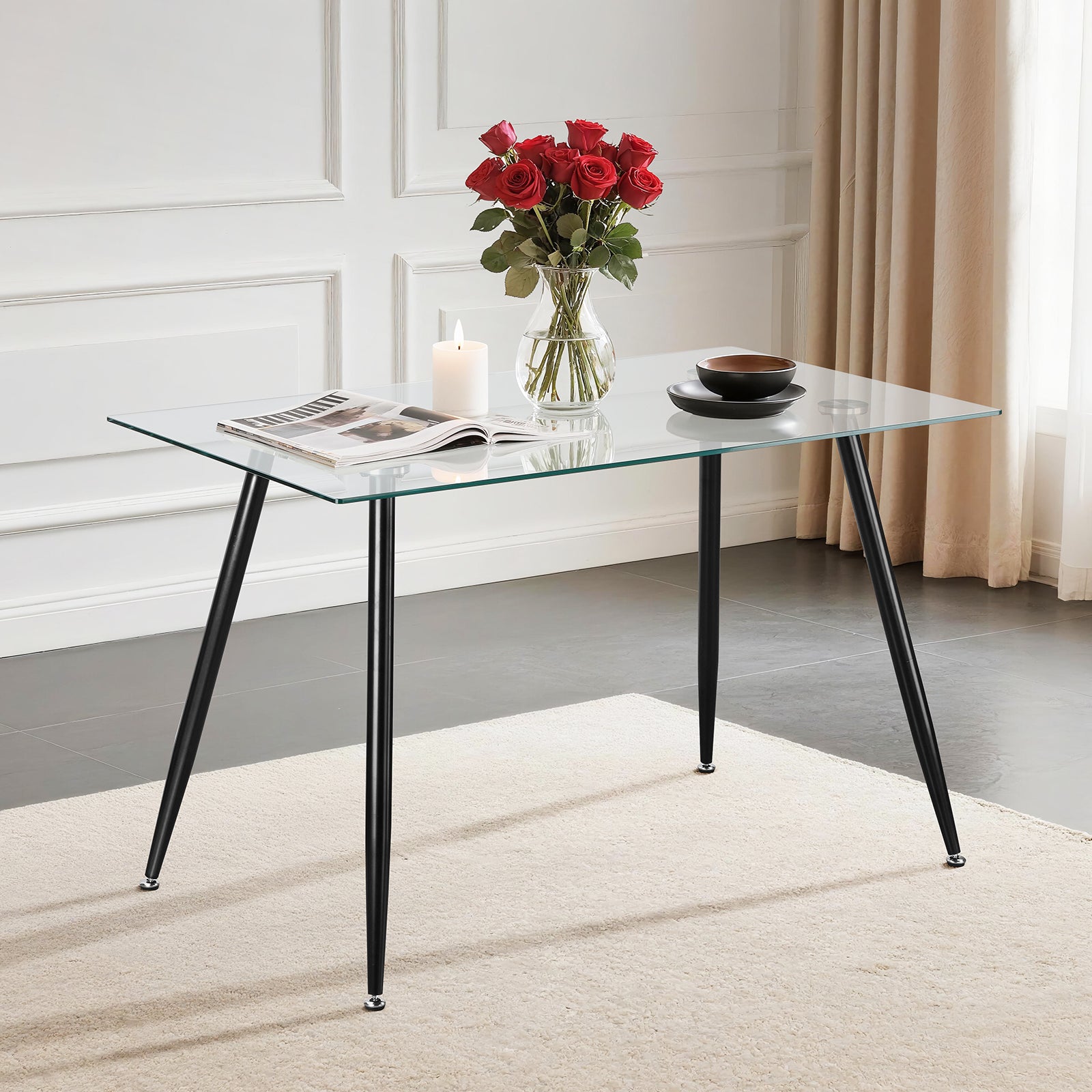 LivaraHome Ryan Rectangular Glass Dining Table - Modern
