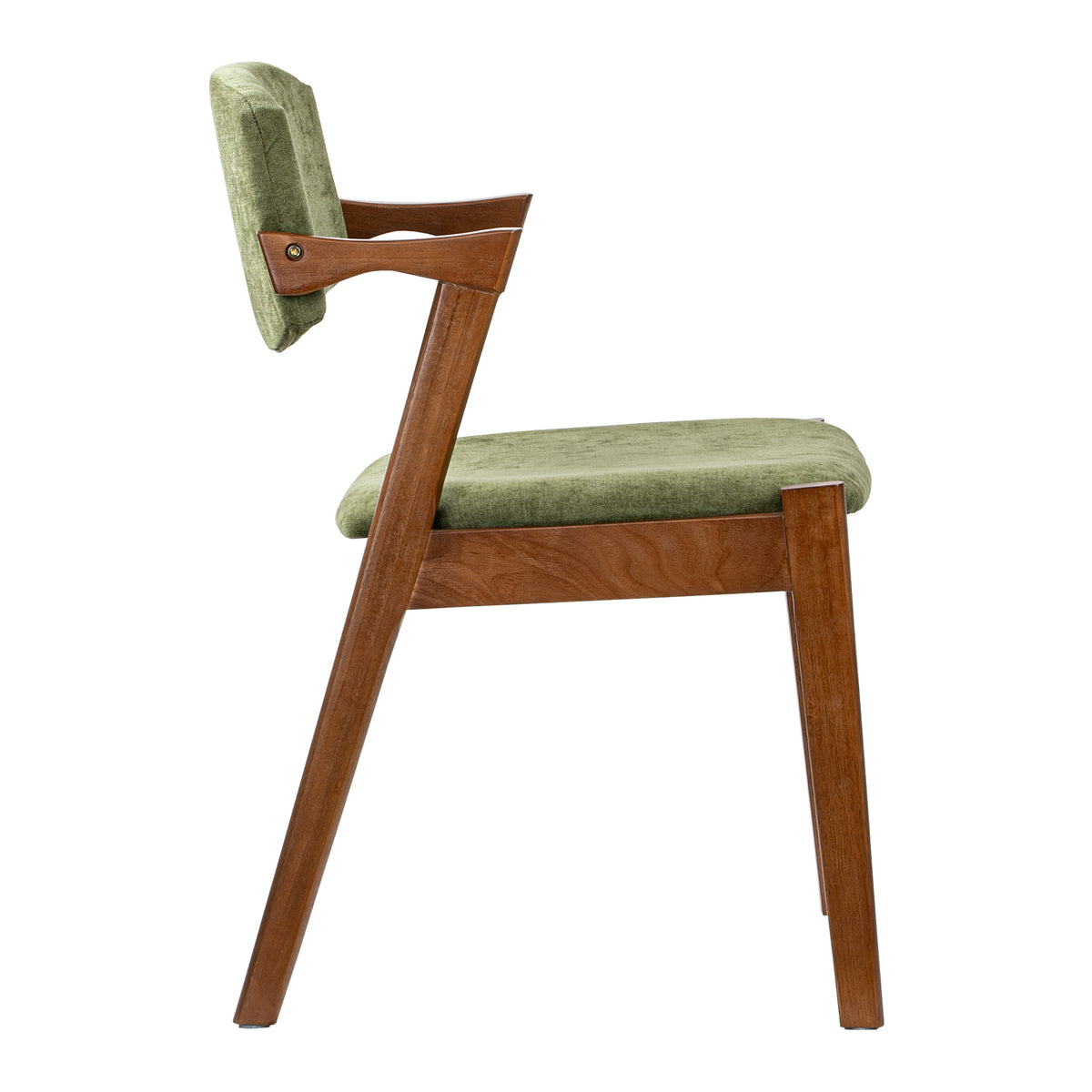 A mid-century modern style dining chair with a warm brown wood frame and light sage green upholstered seat and backrest, shown from a side profile view on a white background.