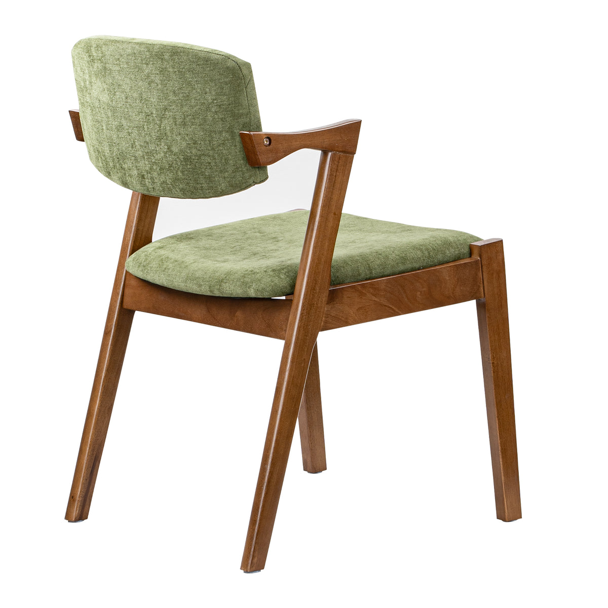 A mid-century modern dining chair with a warm brown wood frame and textured sage green velvet upholstery on the seat and backrest, shown from a three-quarter angle on a white background.