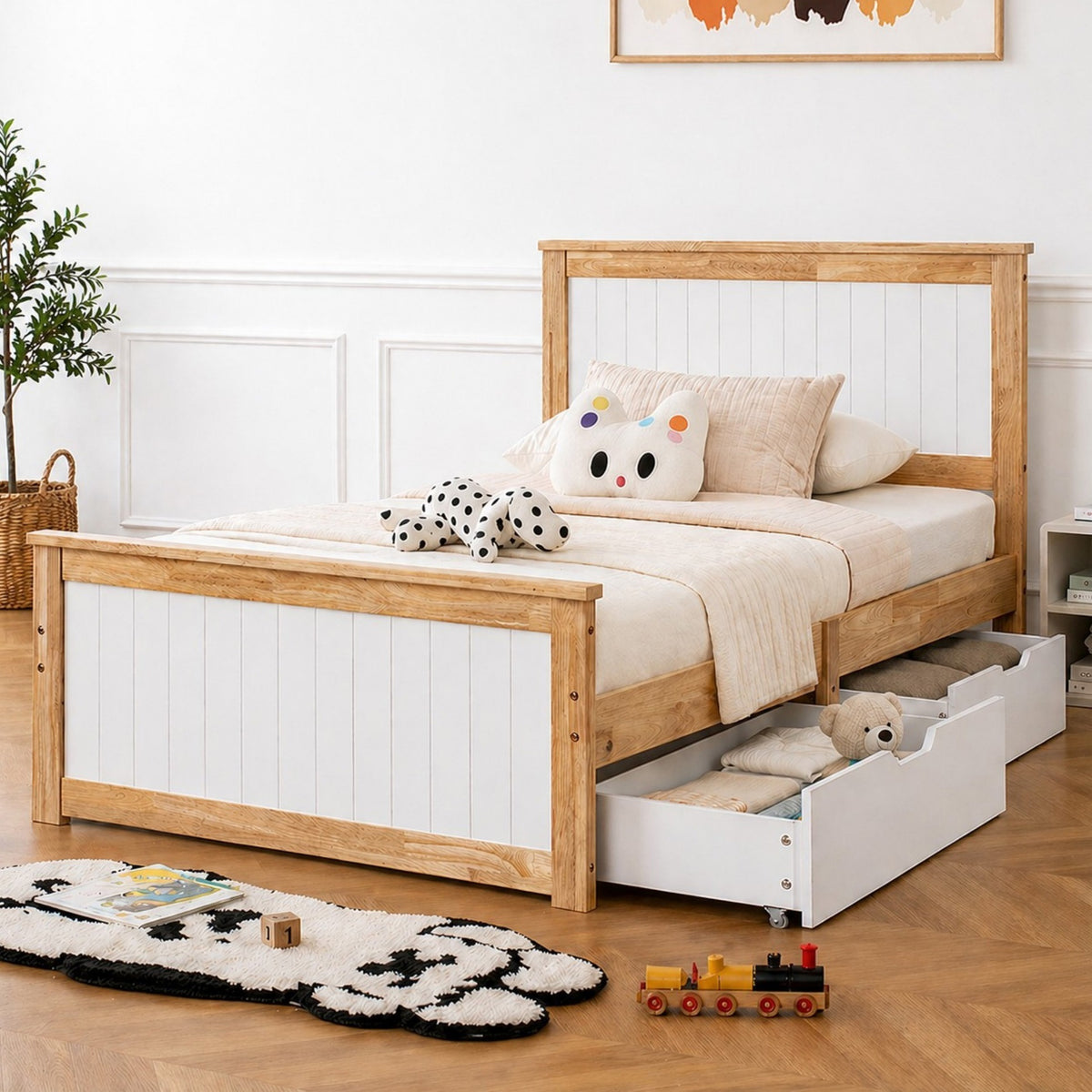 LivaraHome Coco 2 Storage Drawers Bed Frame with Headboard - Natural