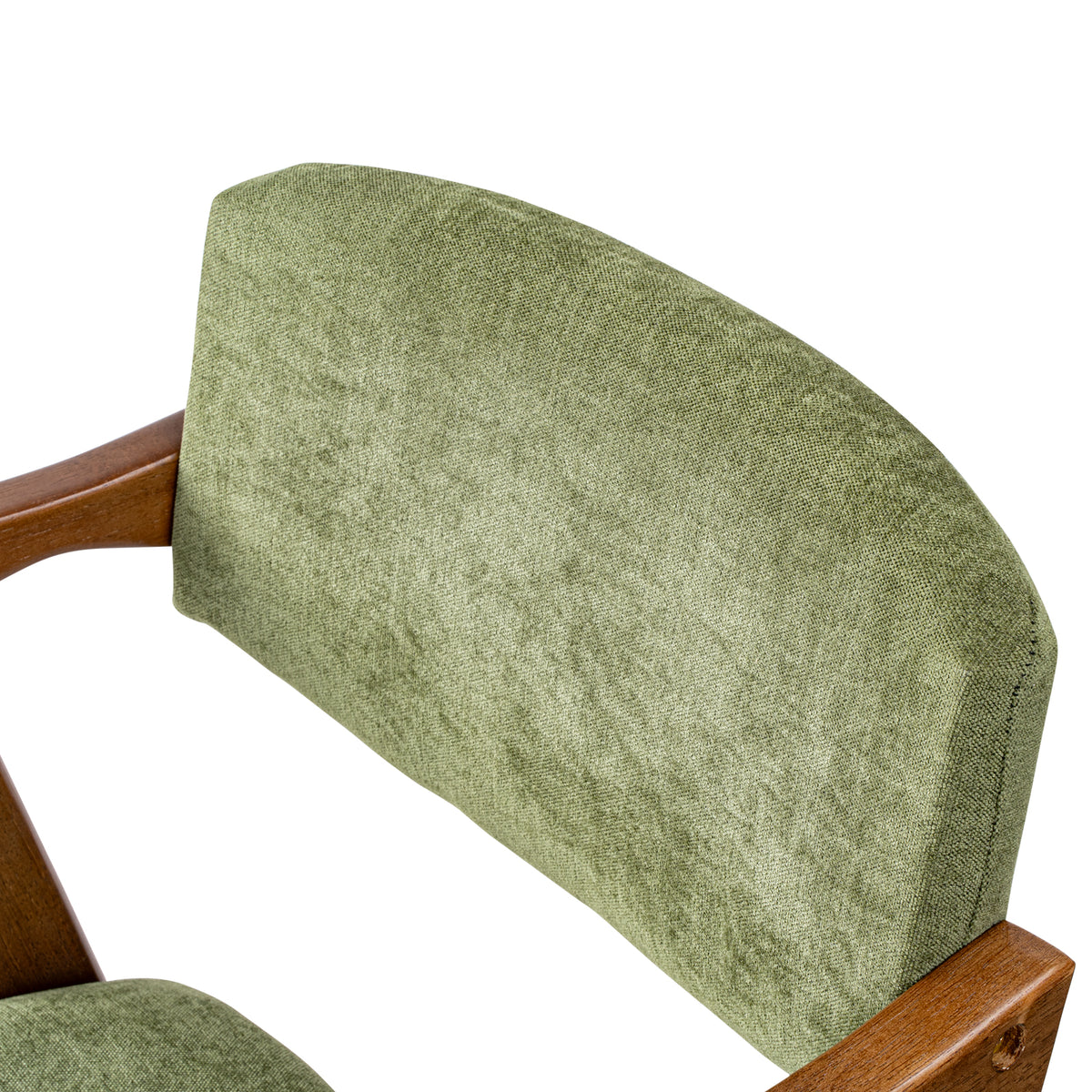 Close-up of a chair with a textured sage green fabric backrest and wooden armrests on a white background.