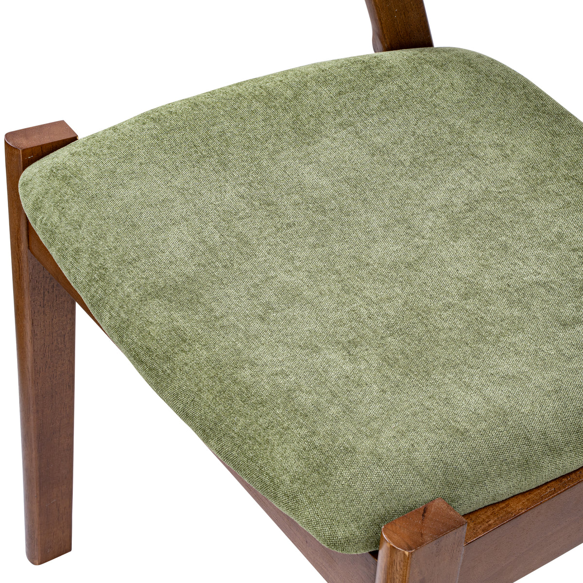 An olive green upholstered chair cushion on a wooden chair, shown in a close-up studio shot against a white background.