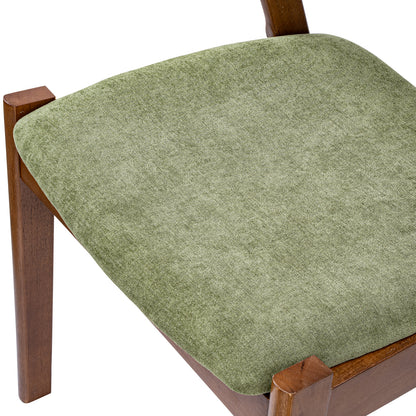 An olive green upholstered chair cushion on a wooden chair, shown in a close-up studio shot against a white background.