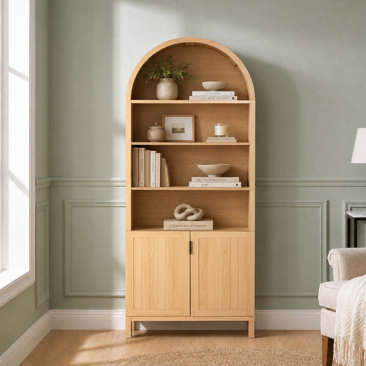 LivaraHome Arlo 2 Door Arched Bookcase Display Storage Cabinet - Natural