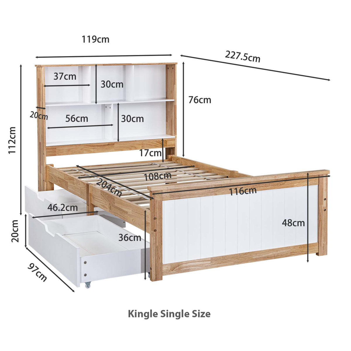 LivaraHome Myer 2 Drawer Storage Bed Frame with Bookshelf - Natural Oak