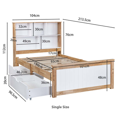 LivaraHome Myer 2 Drawer Storage Bed Frame with Bookshelf - Natural Oak