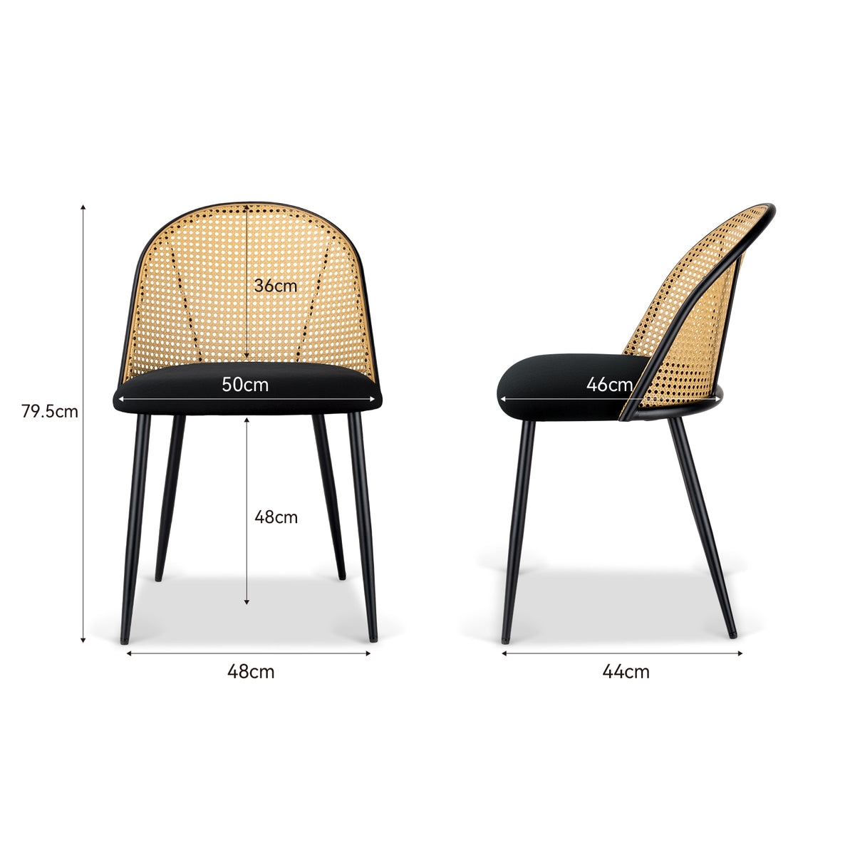 Two views of a dining chair with dimension labels: a front view showing 79.5cm height, 48cm width, and 48cm leg height, and a side view showing 46cm seat width and back height.