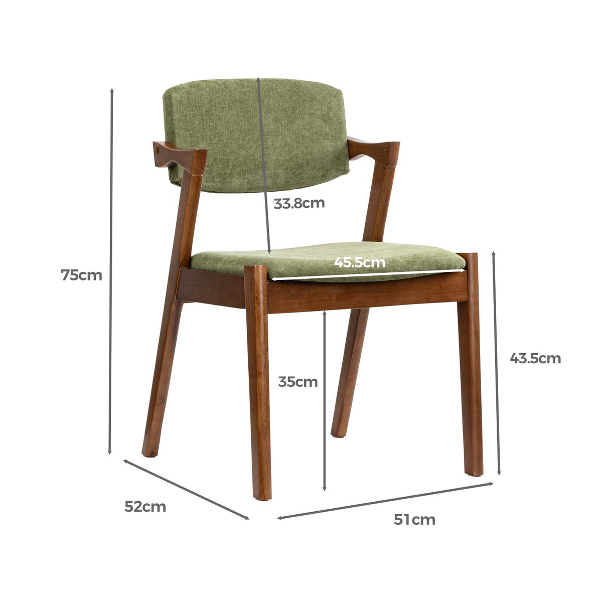 A wooden dining chair with an olive green upholstered seat and backrest, shown with dimension lines and measurements for height, width, and leg depth on a white background.