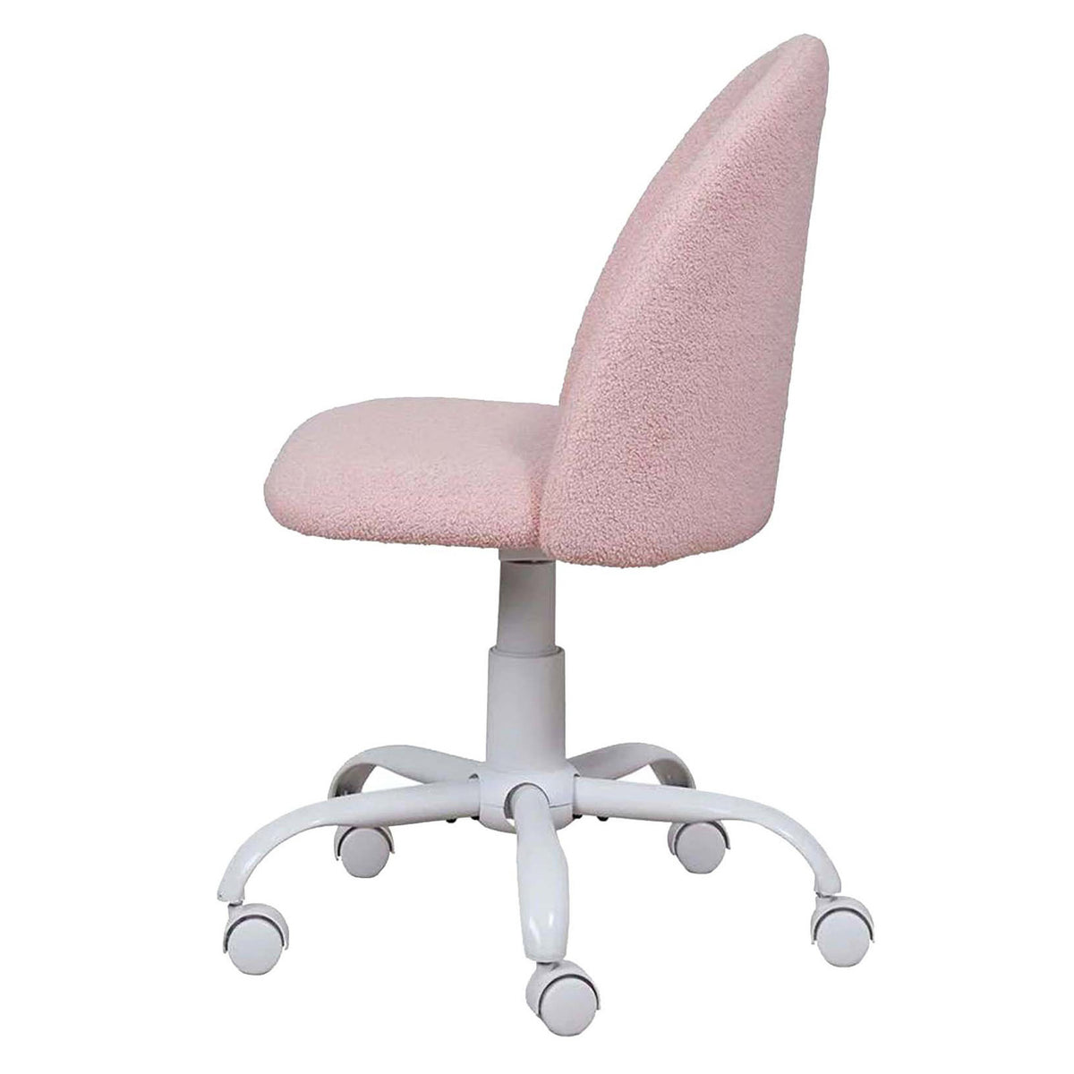 A pink textured fabric office chair with a white five-star wheeled base, shown from a three-quarter angle against a plain white background.