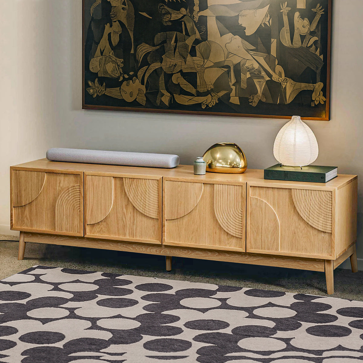 LivaraHome Arcen Lowline 4 Door TV Stand Unit Storage - Natural Oak