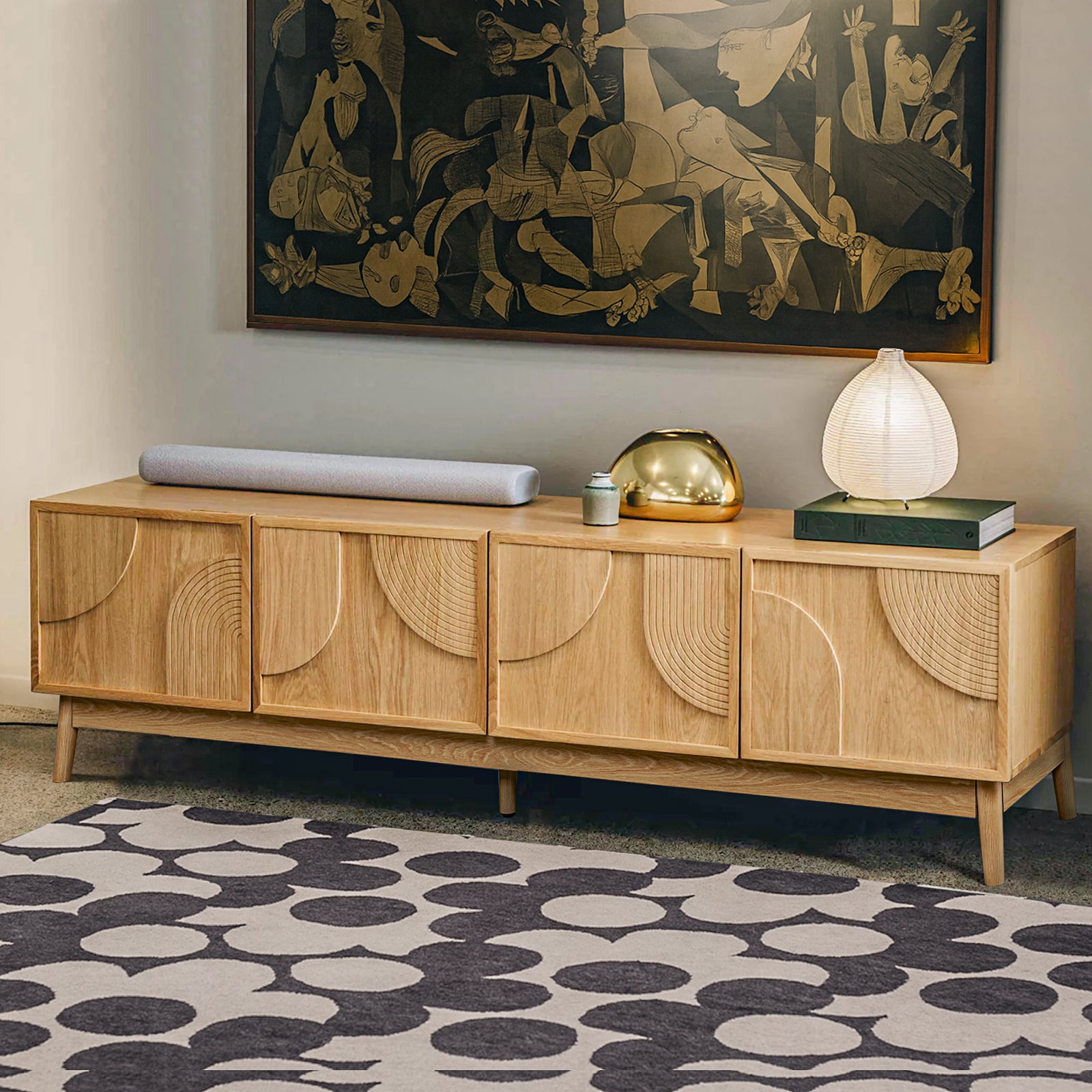 LivaraHome Arcen Lowline 4 Door TV Stand Unit Storage - Natural Oak