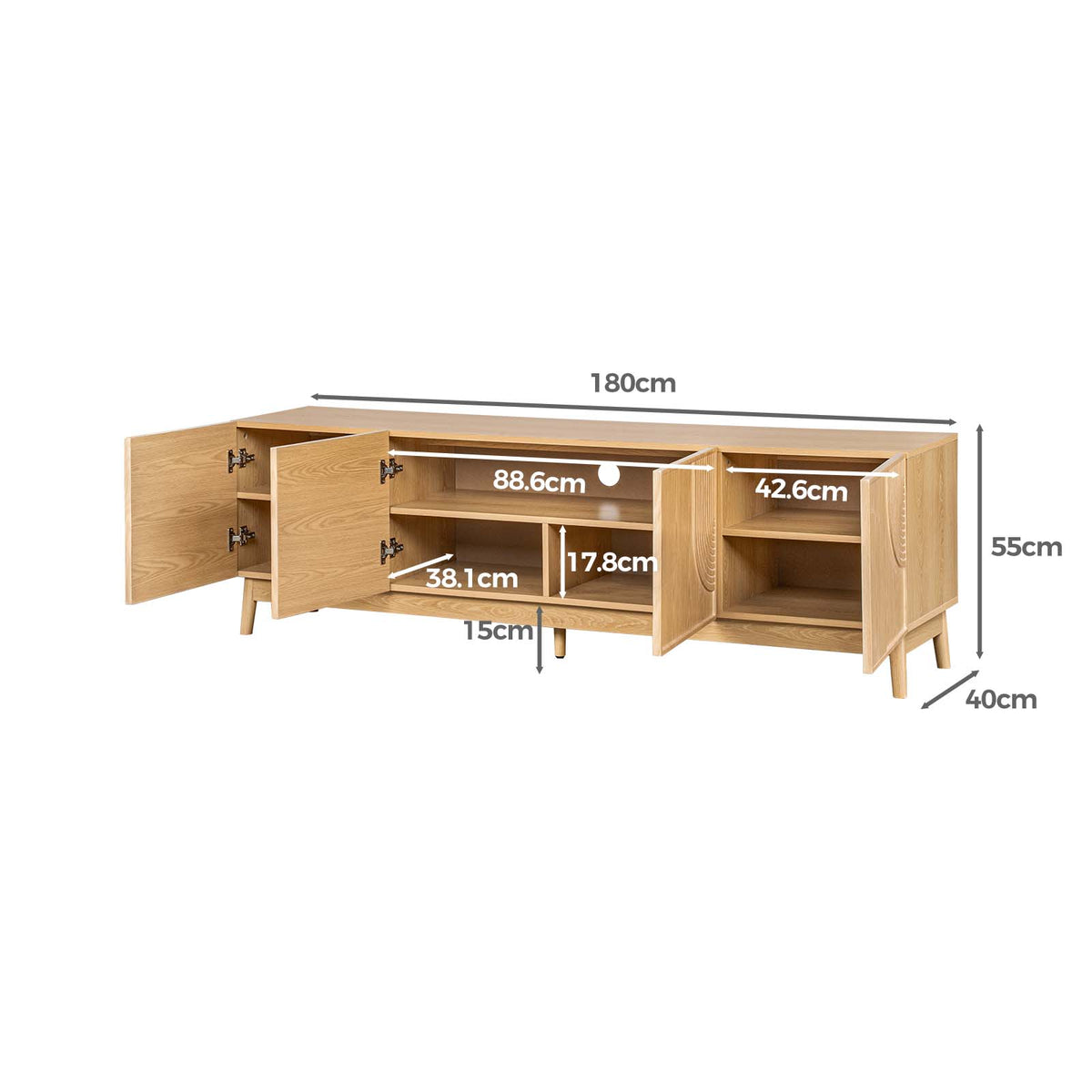 LivaraHome Arcen Lowline 4 Door TV Stand Unit Storage - Natural Oak