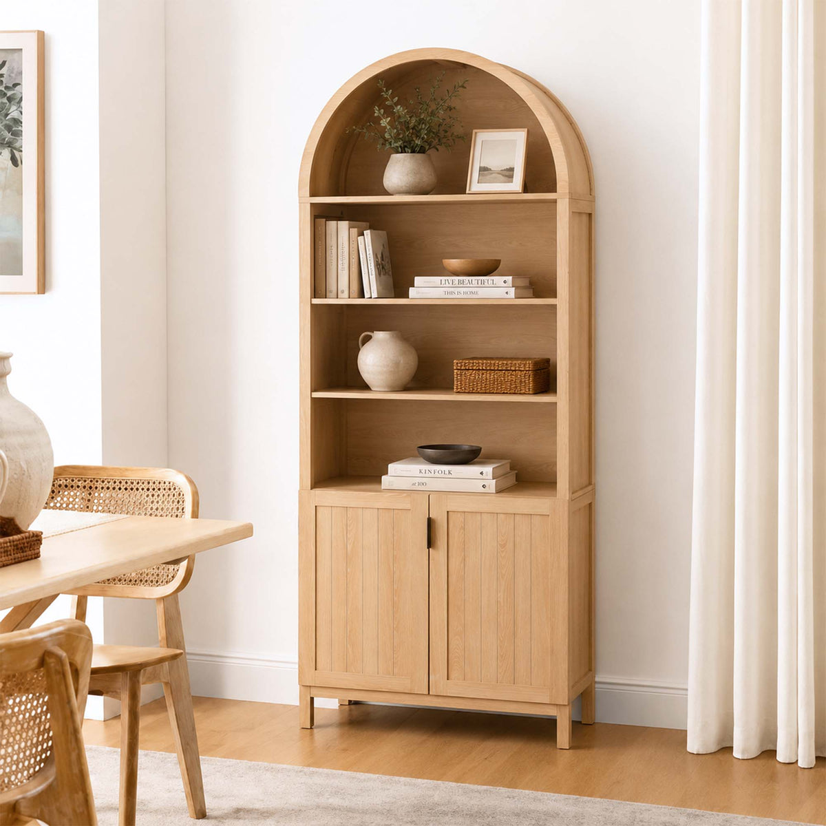 LivaraHome Arlo 2 Door Arched Bookcase Display Storage Cabinet - Natural