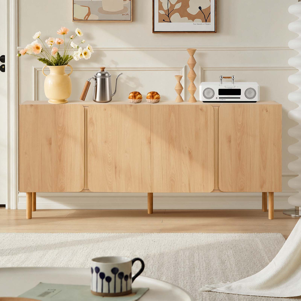 LivaraHome Mossa 4 Door Sideboard Modern Buffet Storage Cabinet - Natural