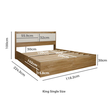 King single size wooden bed frame with overlaid dimension measurements for width, height, and depth on a white background.