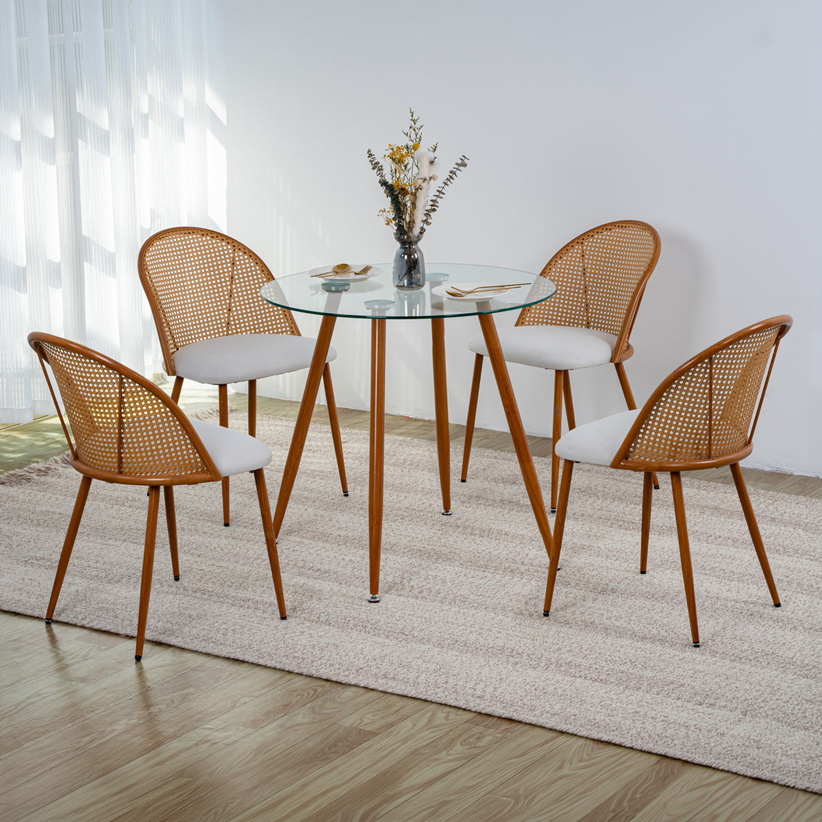 LivaraHome Avila 4 Seater Dining Table & Rattan Chair Set - Natural