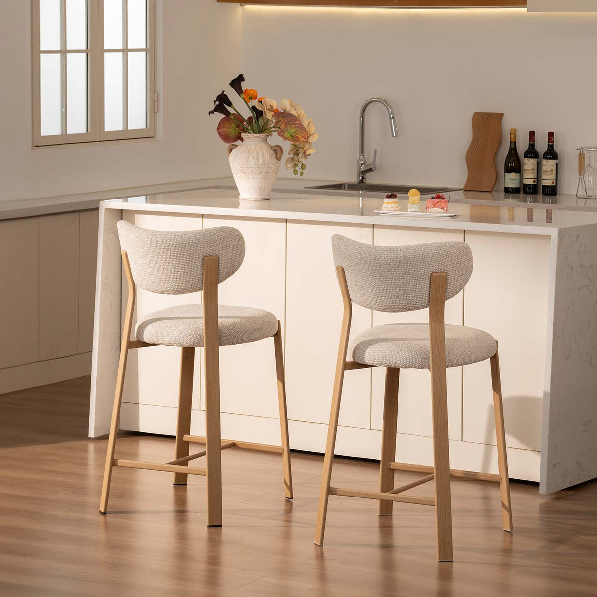 LivaraHome Luna 65cm Chenille Upholstered Bar Stools (Set of 2) - Natural