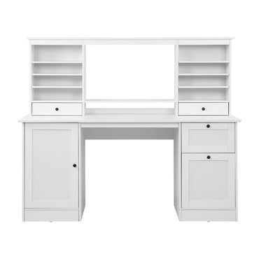 A white computer desk with a matching hutch featuring open shelves, small drawers, and a cabinet on each side, shown against a plain white background.