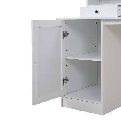 White wooden storage cabinet with one door open, showing a single interior shelf and a lower drawer, photographed on a clean white background.