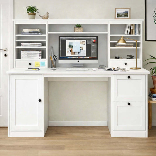 A white corner computer desk with an integrated hutch, featuring cabinet doors, drawers, open shelves, and a desktop workspace with a computer monitor, keyboard, and lamp.