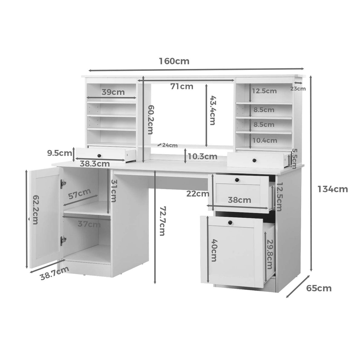 White computer desk with integrated storage cabinets, shelves, and drawers, shown with dimension labels and measurements on a white background.