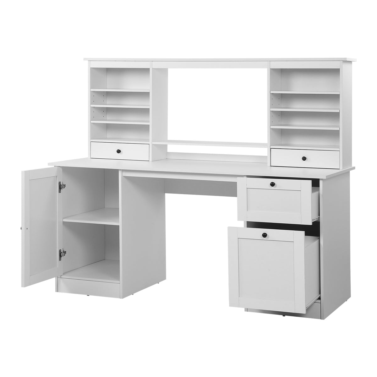 White computer desk with a matching hutch featuring open shelving, drawers, and a cabinet door, shown on a plain white background.