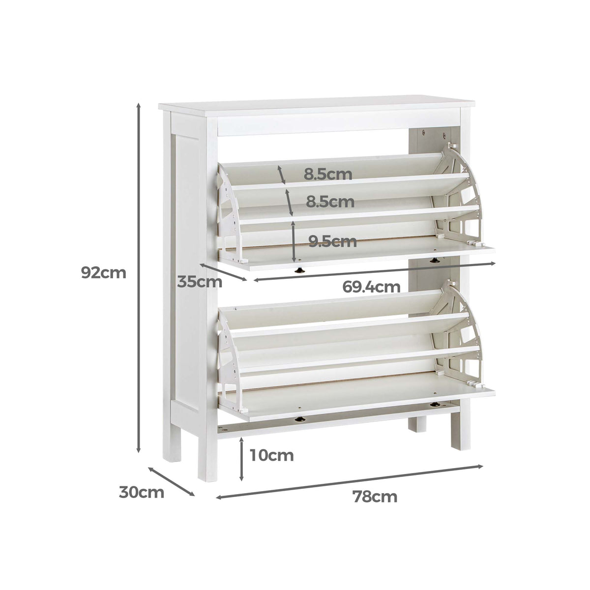 LivaraHome Hemnes 2 Flip Drawer Slim Shoe Storage Cabinet - White