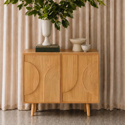 LivaraHome Arcen 2 Door Sideboard Curved Buffet Credenza - Oak