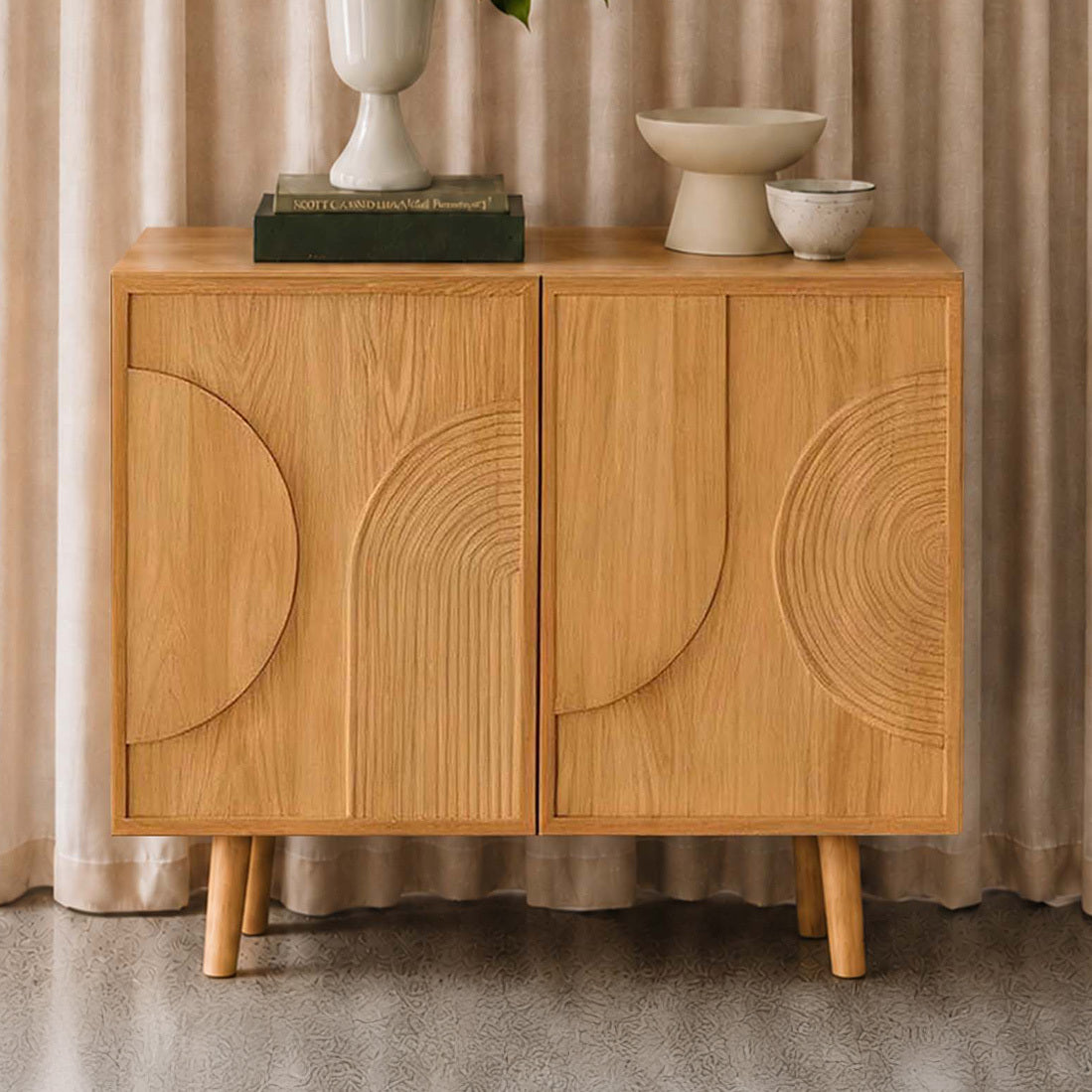 LivaraHome Arcen 2 Door Sideboard Curved Buffet Credenza - Oak