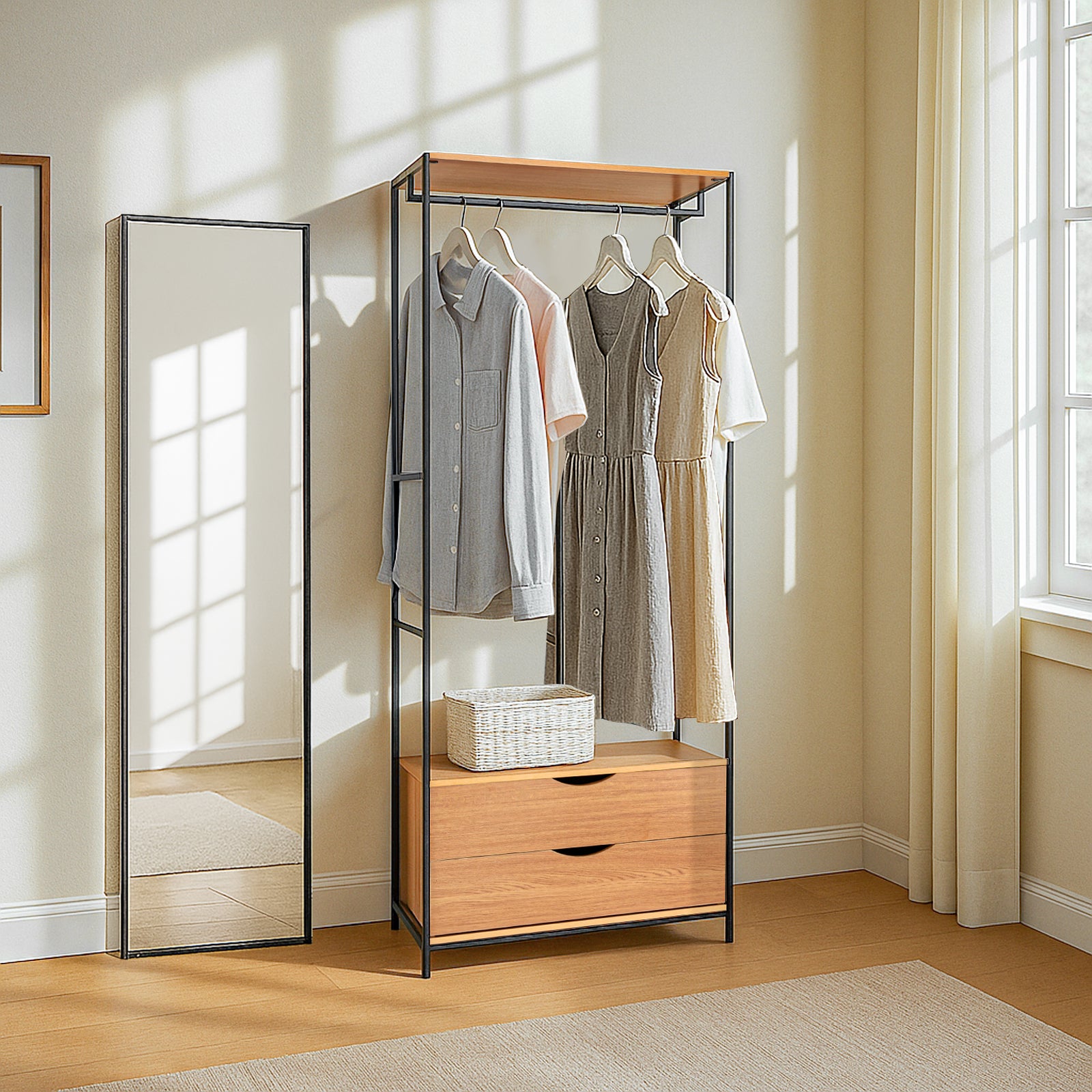 LivaraHome Sonoma 2 Drawer Clothes Rack Natural Garment Rack - Modern